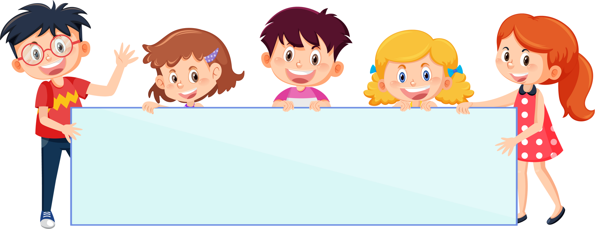 Children with blank board in cartoon style